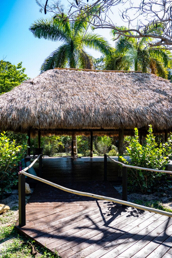 Thatched-roof open-air hut on a wooden deck surrounded by tropical plants and palm trees on a sunny day.