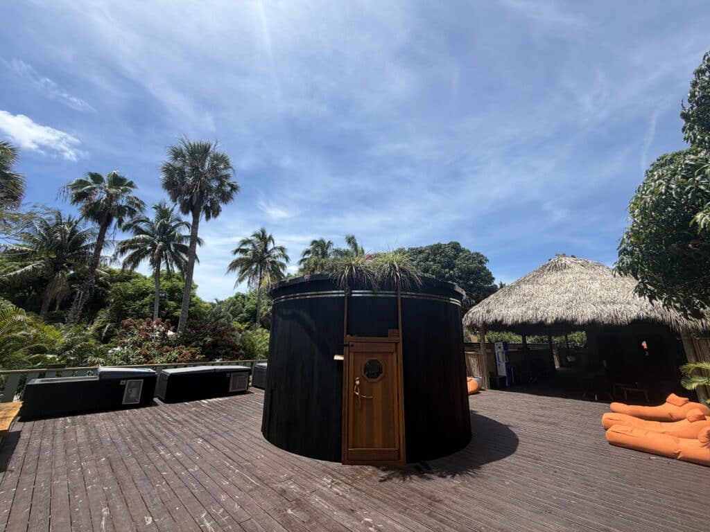Outdoor tropical patio on a wooden deck with tall palm trees, a black cylindrical water tank, thatched-roof hut, and bright orange lounge cushions.