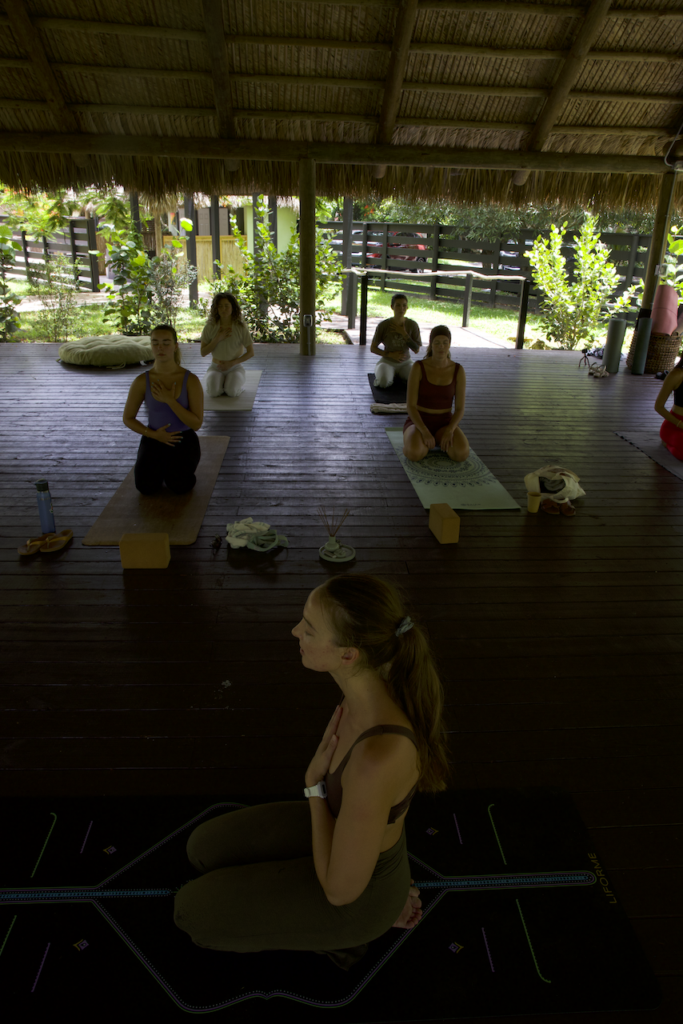Yoga class under a thatched roof pavilion; instructor sits on a mat in the foreground with students seated on mats in the background outdoorsy setting, hands in prayer pose on chest area.