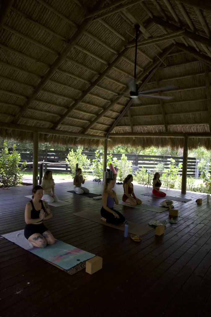 Group of people practicing yoga on mats inside a shaded, open-air thatched pavilion with a ceiling fan overhead.